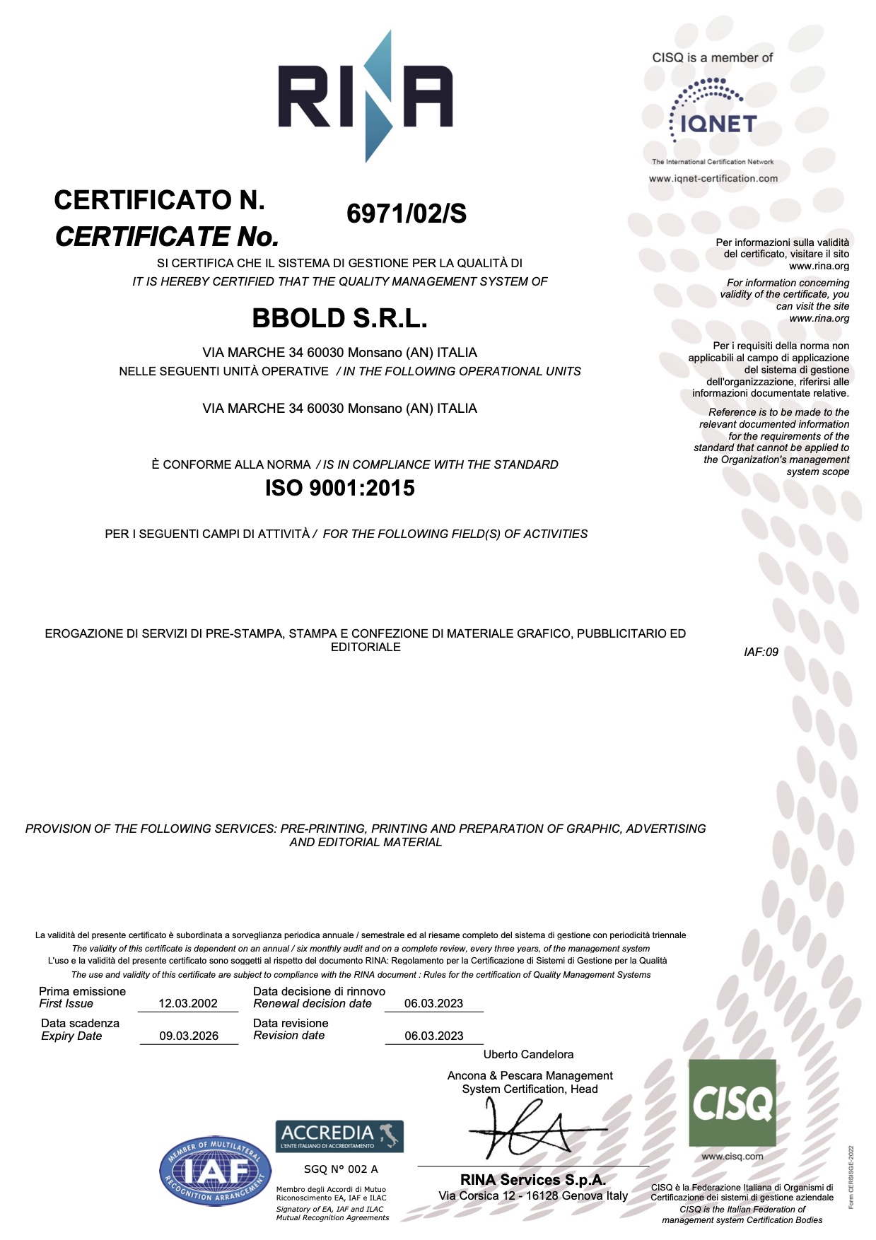 CERTIFICATO RINA 2023-2026